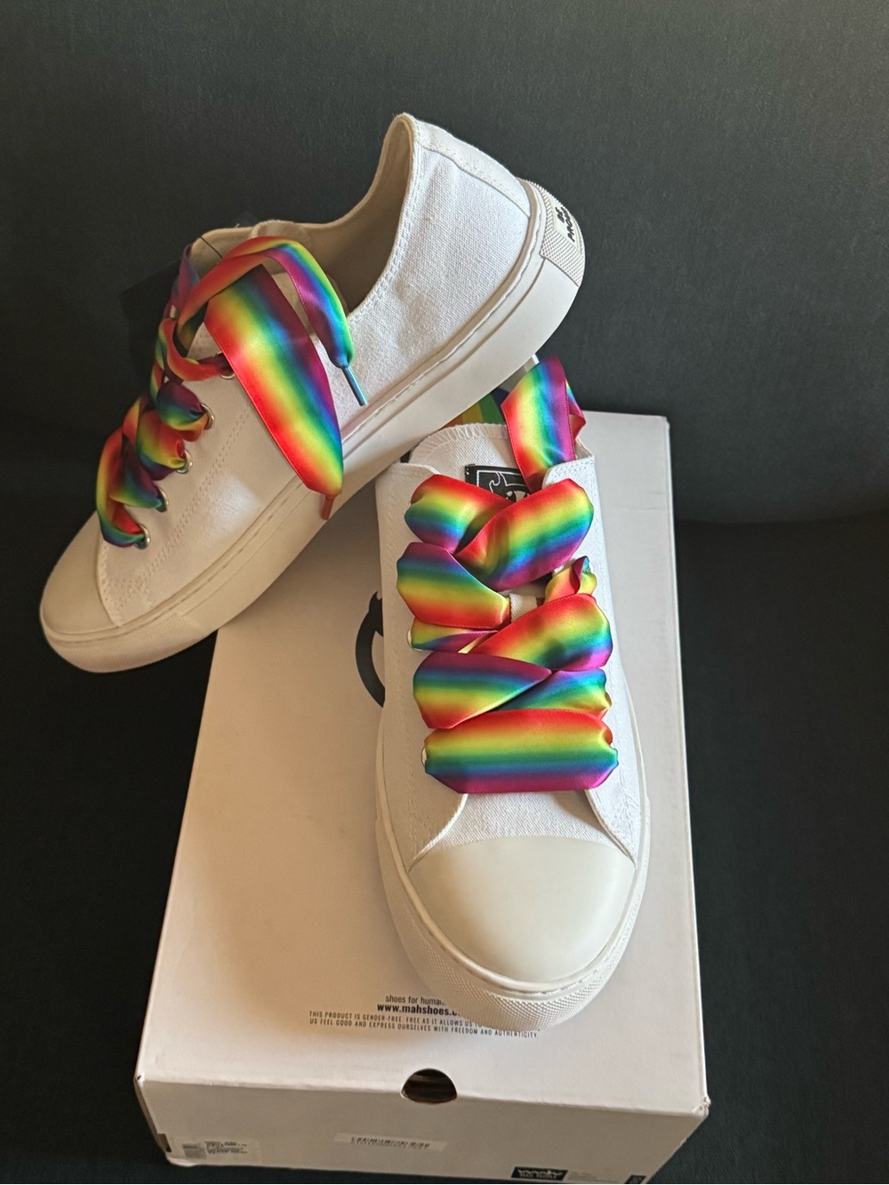 H&M White Canvas Sneakers with Rainbow Satin Laces